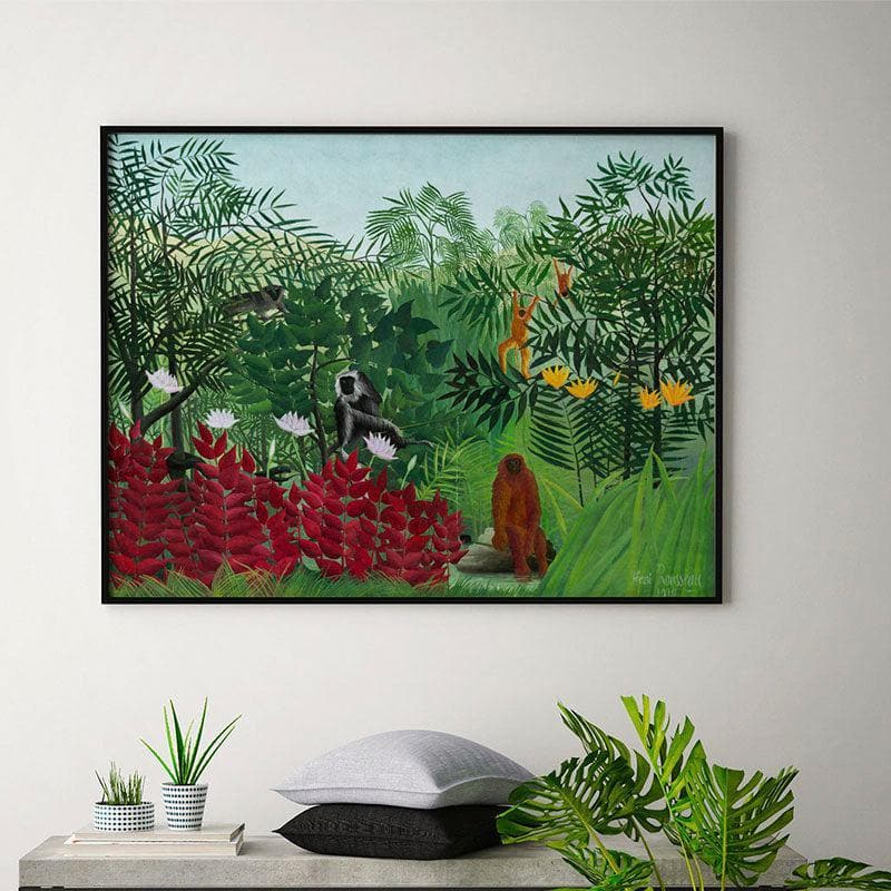 Wall Art & Paintings - Tropical Forest With Monkeys Canvas Painting By Henri Rousseau - Black Frame