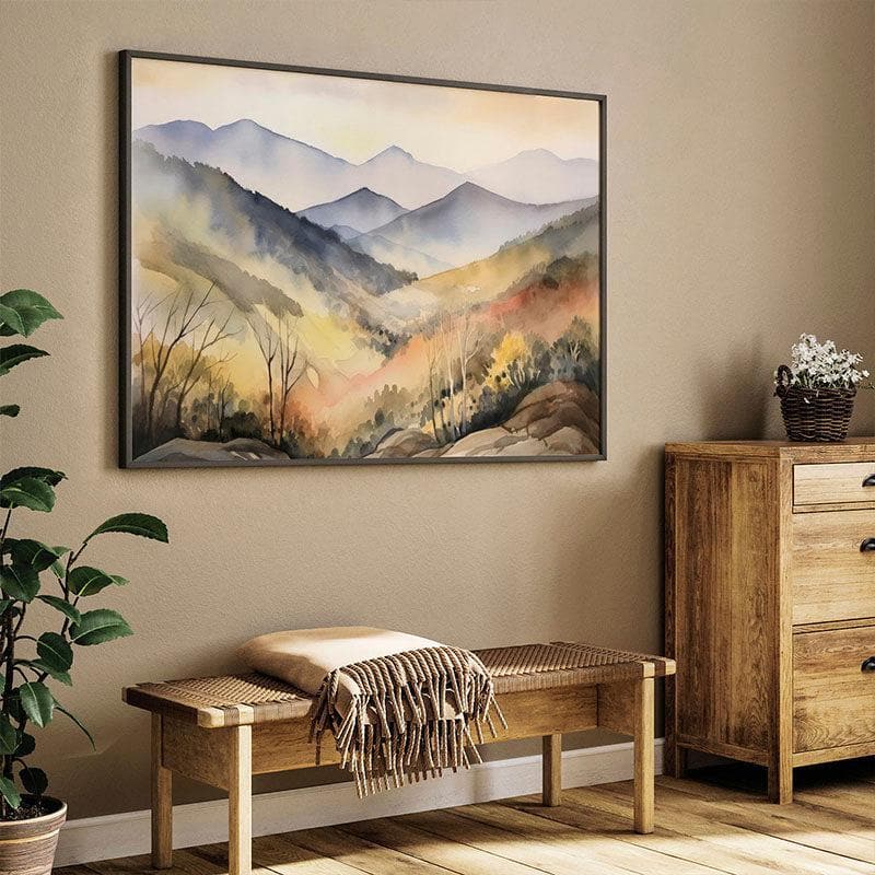 Buy Watercolor Mountain Forest Wall Painting - Black Frame Wall Art & Paintings from Vaaree