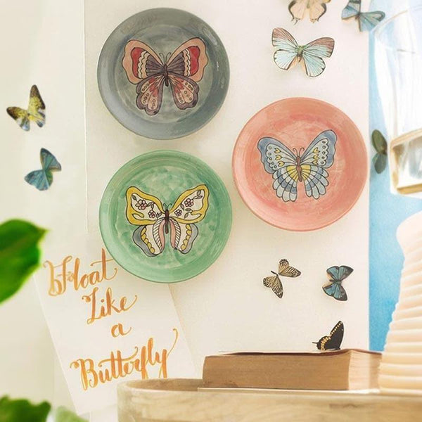 Wall Plates - Butterflies Wall Plates - Set Of Three -Handpainted Stoneware