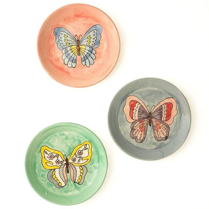Wall Plates - Butterflies Wall Plates - Set Of Three -Handpainted Stoneware