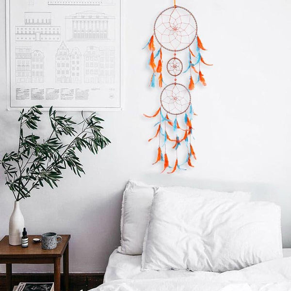 Windchimes & Dreamcatchers - Amazo Feather Dreamcatcher With Light - Orange & Sky Blue