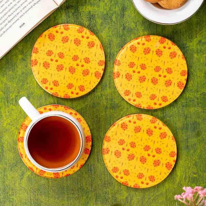 Buy Magnate Mughal Yellow Round Classic Coaster - Set Of Four at Vaaree online | Beautiful Coaster to choose from