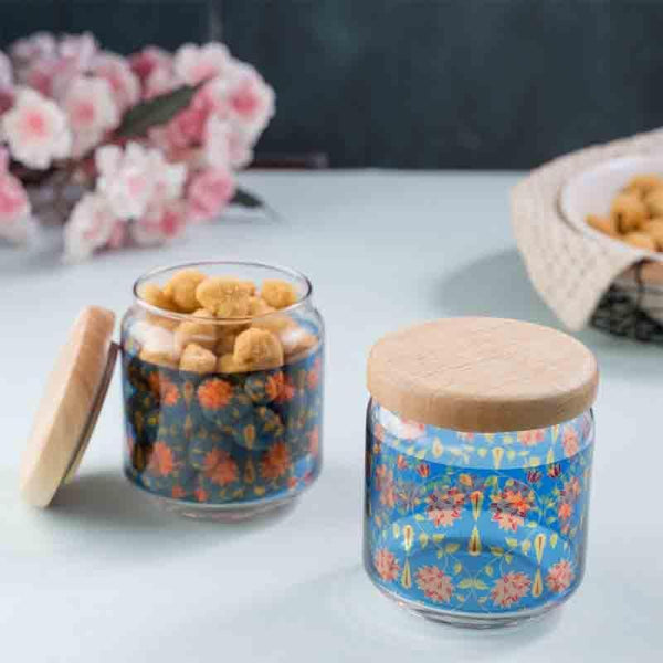 Floral Bliss Blue Glass Jars (500ml each) - Set Of Two