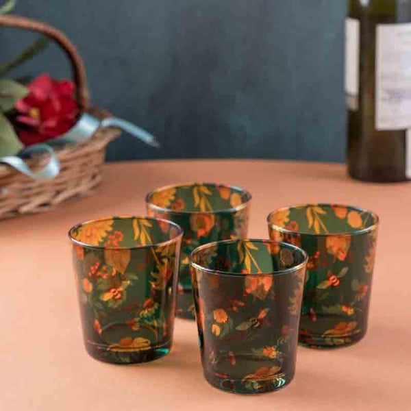 Floral Bliss Green Glass Tumbler - Set Of Four