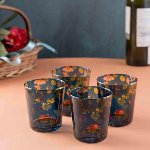 Floral Bliss Blue Glass Tumbler - Set Of Four