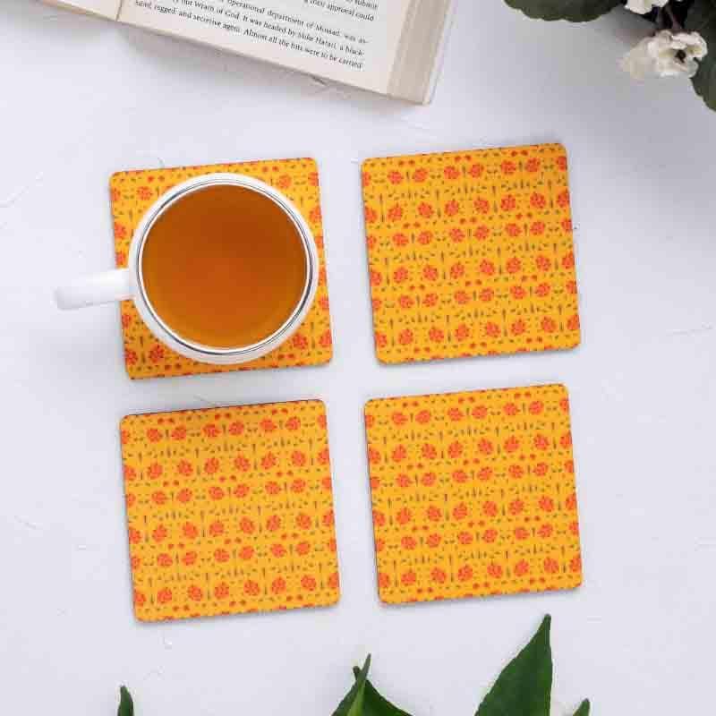 Buy Magnate Mughal Floral Yellow Square Coasters - Set Of Four at Vaaree online | Beautiful Coaster to choose from