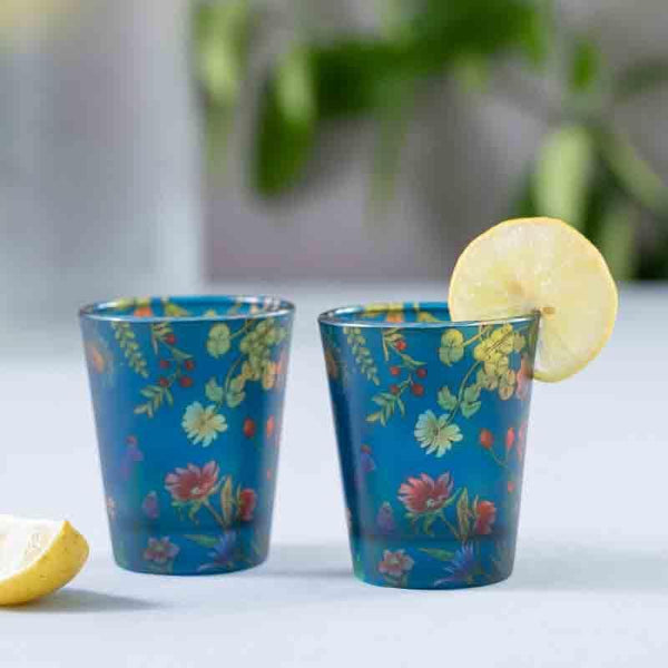 Floral Bliss Blue Frosted Shot Glass - Set Of Two