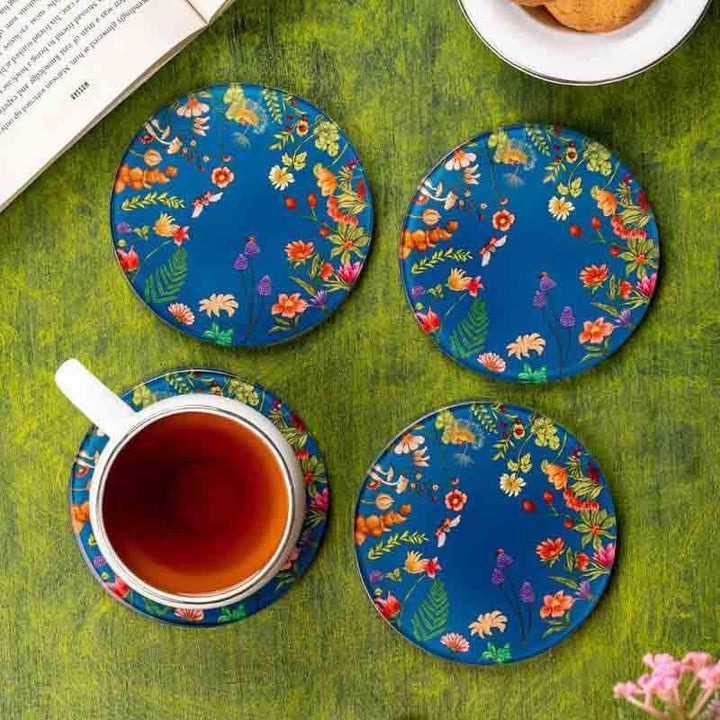 Buy Floral Bliss Blue Round Glass Coasters - Set Of Four at Vaaree online | Beautiful Coaster to choose from