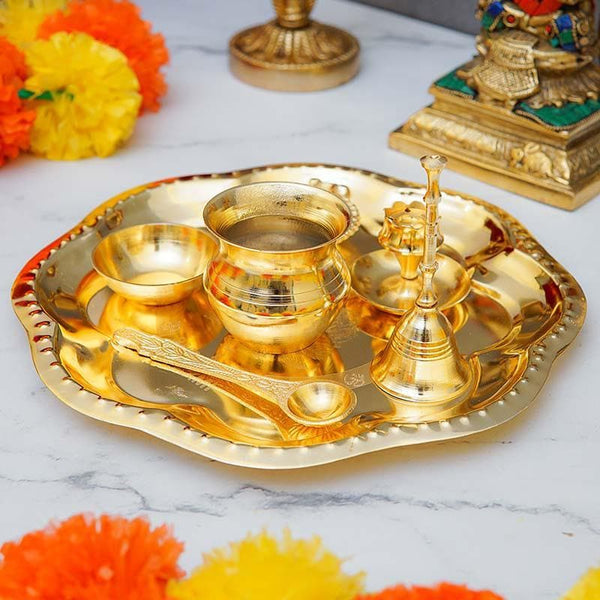 Buy Shubh Pooja Floral Thaali - Gold at Vaaree online | Beautiful Pooja Thali & Sets to choose from