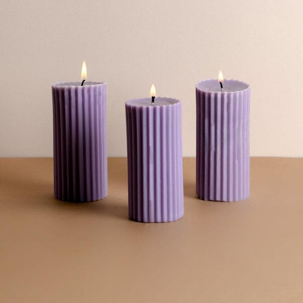 Buy Lavender Fields Ribbed Pillar Candles - Set Of 3 Candles from Vaaree