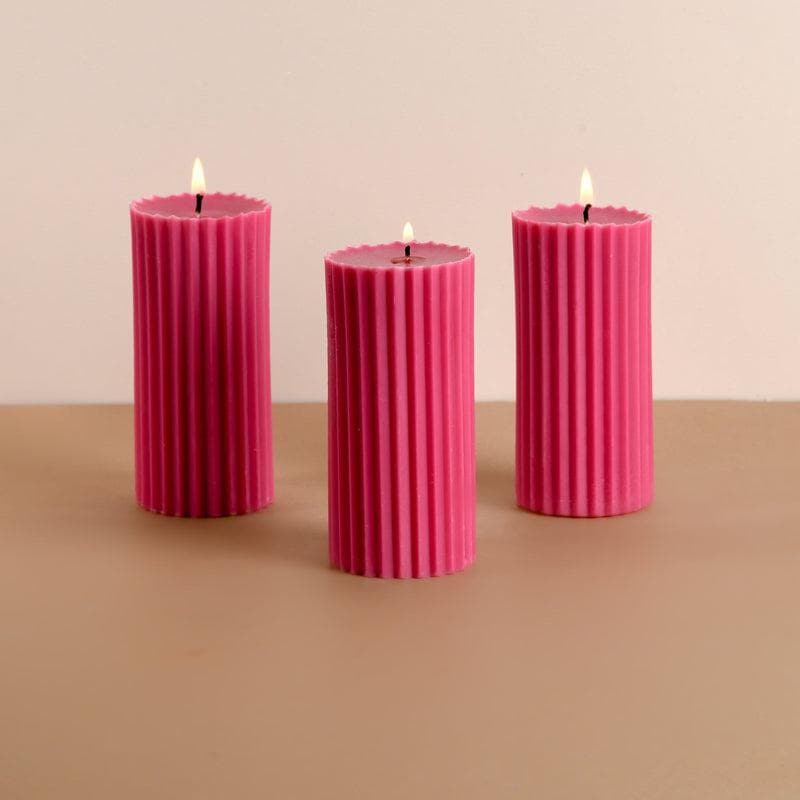 Buy Pink Meadows Ribbed Pillar Candles - Set Of 3 Candles from Vaaree