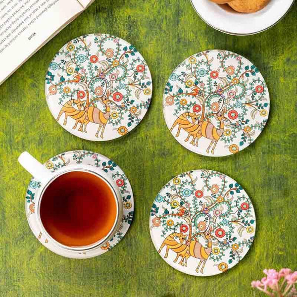 Buy Coaster - Madhubani Art Inspired Glass Round Coaster - Set Of Four at Vaaree online