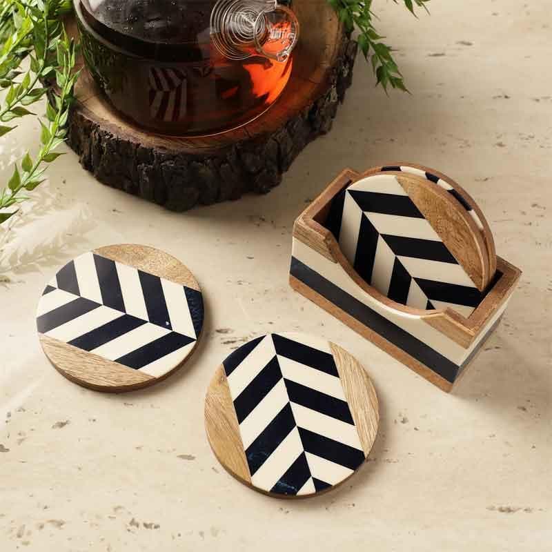 Coaster - Monochrome Chevron Wooden Coaster - Set Of Four