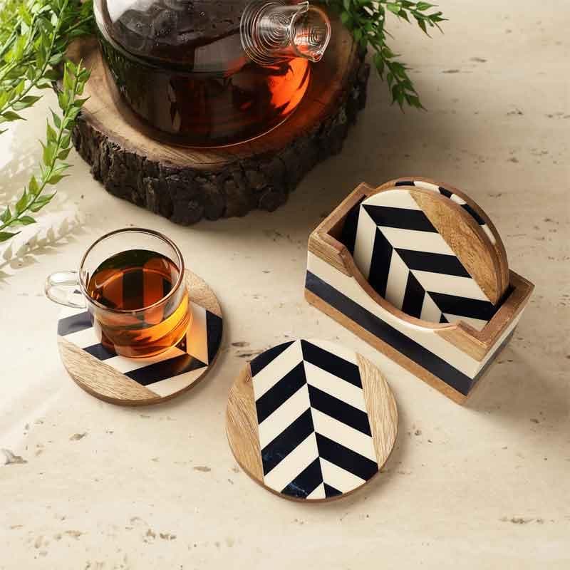 Coaster - Monochrome Chevron Wooden Coaster - Set Of Four