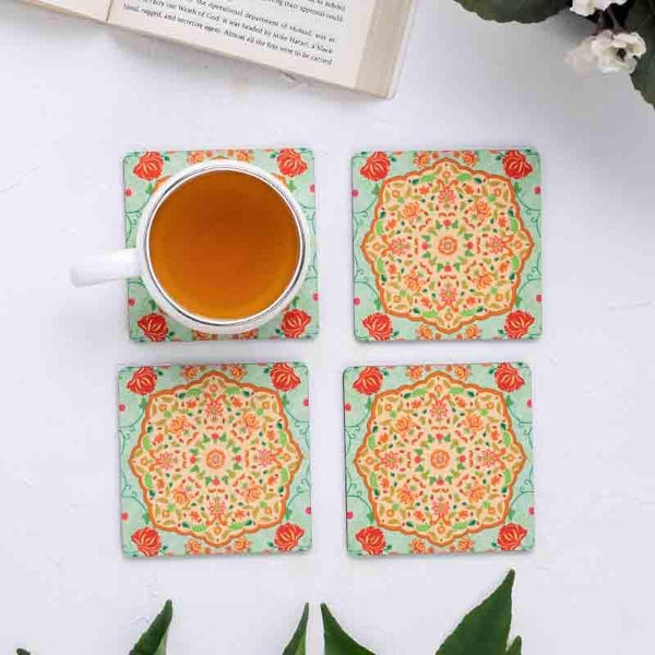 Coaster - Ornate Mughal Wooden Square Coaster - Set Of Four