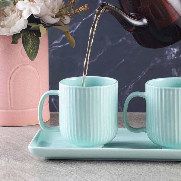 Coffee & Tea Mug - Ribbed Raves Mug With Tray (Aqua) - Set Of Two