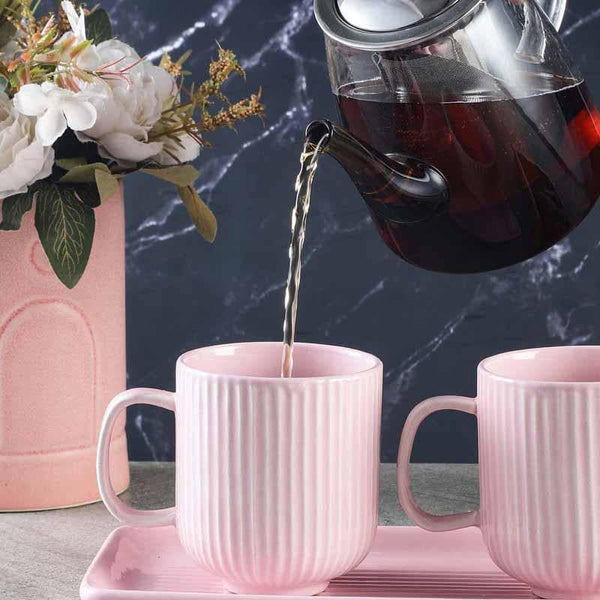 Coffee & Tea Mug - Ribbed Raves Mug With Tray (Pink) - Set Of Two