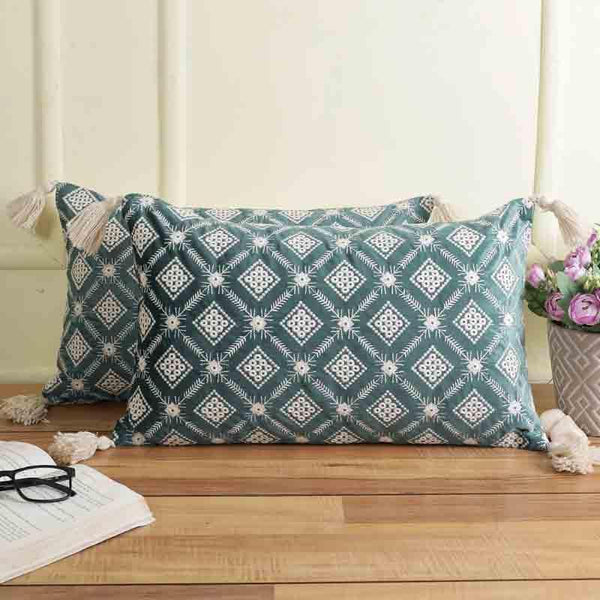 Cushion Cover Sets - Embroidered Lattice Cushion Cover - (Blue) - Set Of Two