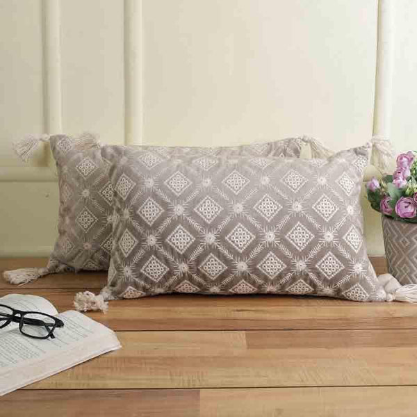 Cushion Cover Sets - Embroidered Lattice Cushion Cover - (Grey) - Set Of Two