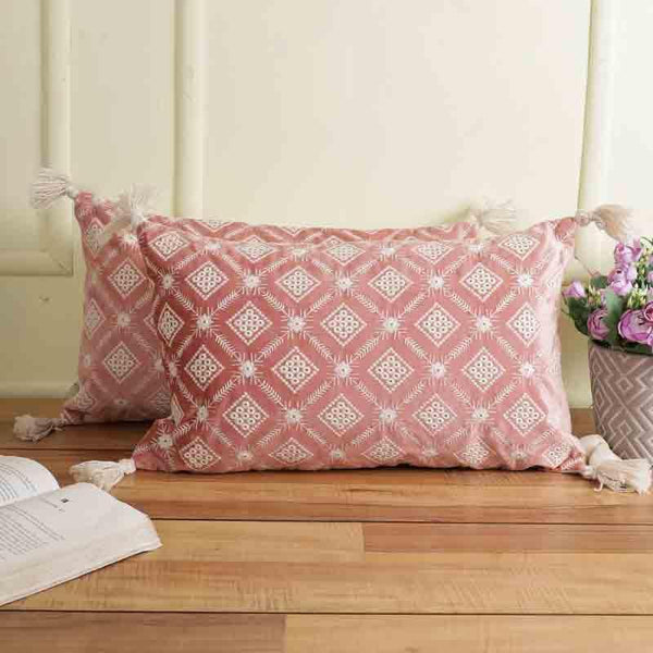 Cushion Cover Sets - Embroidered Lattice Cushion Cover - (Pink) - Set Of Two