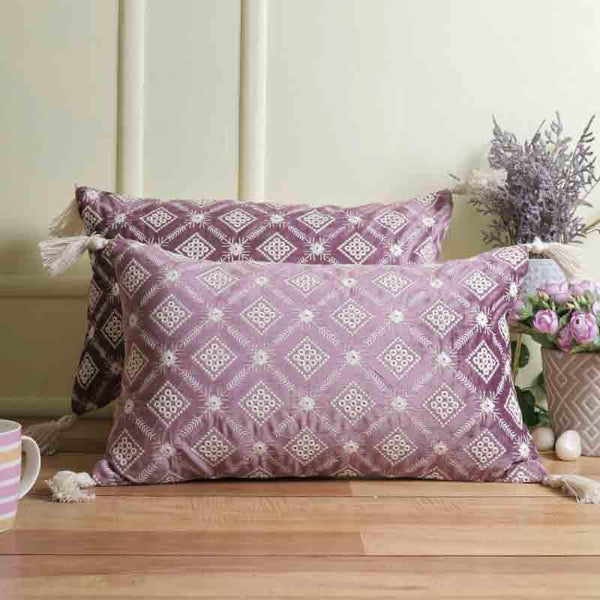 Cushion Cover Sets - Embroidered Lattice Cushion Cover - (Purple) - Set Of Two