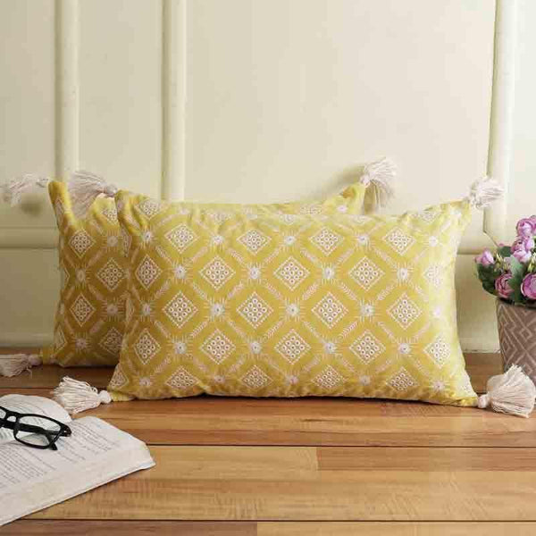 Cushion Cover Sets - Embroidered Lattice Cushion Cover - (Yellow) - Set Of Two