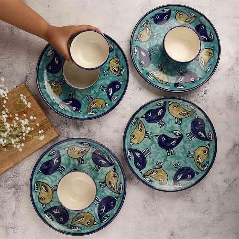 Buy Aqua Birdie Plate & Bowl - Eight Piece Set Dinner Set from Vaaree