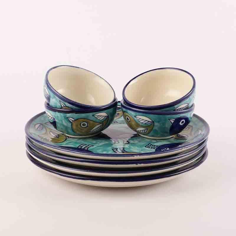 Buy Aqua Birdie Plate & Bowl - Eight Piece Set Dinner Set from Vaaree