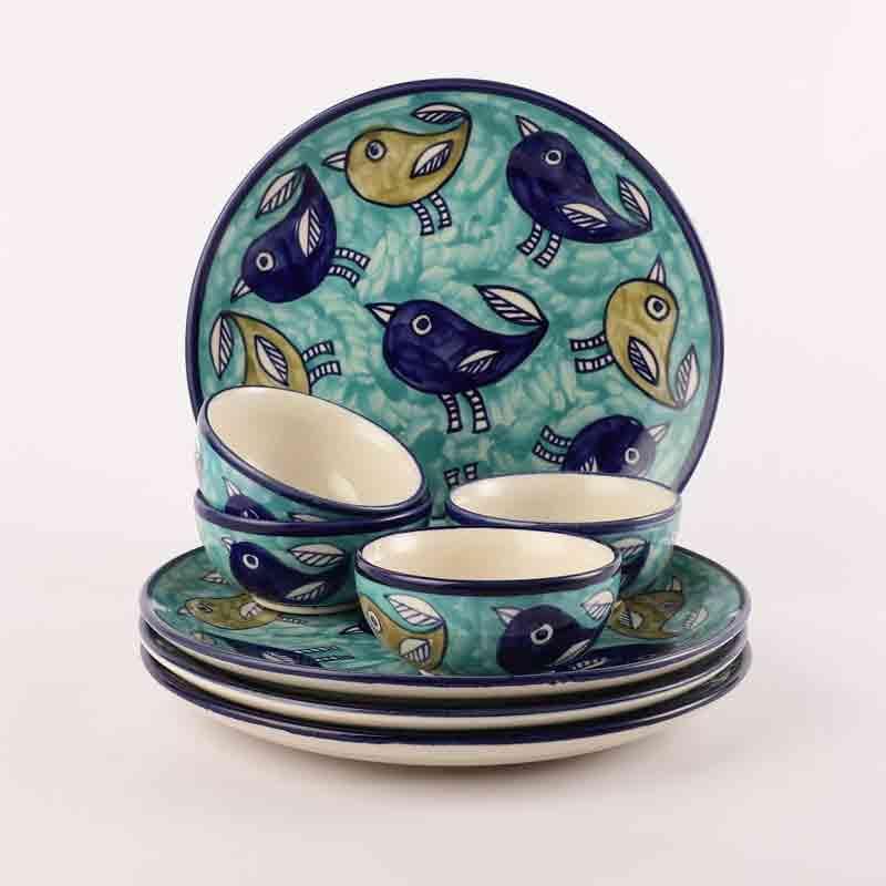 Buy Aqua Birdie Plate & Bowl - Eight Piece Set Dinner Set from Vaaree