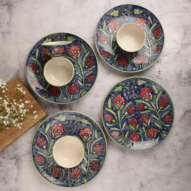 Buy Neel Gulabari Plate & Bowl - Eight Piece Set Dinner Set from Vaaree