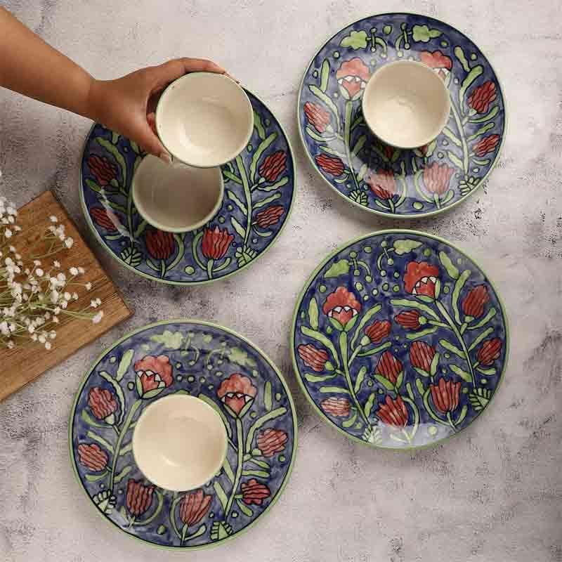 Buy Neel Gulabari Plate & Bowl - Eight Piece Set Dinner Set from Vaaree