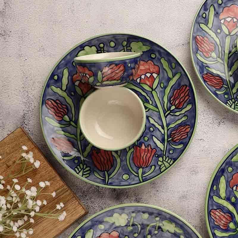 Buy Neel Gulabari Plate & Bowl - Eight Piece Set Dinner Set from Vaaree