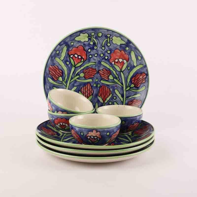 Buy Neel Gulabari Plate & Bowl - Eight Piece Set Dinner Set from Vaaree