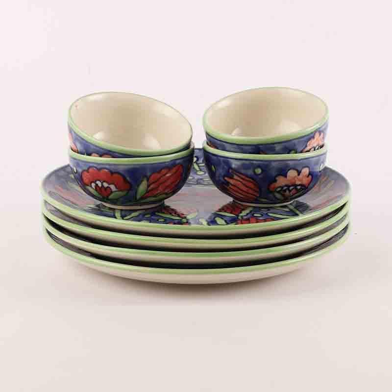 Buy Neel Gulabari Plate & Bowl - Eight Piece Set Dinner Set from Vaaree