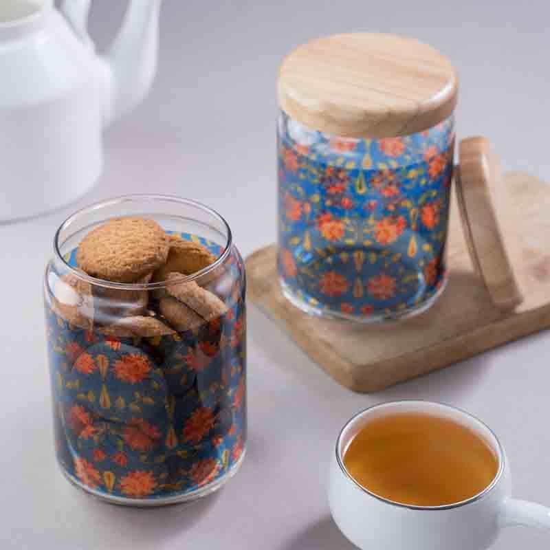 Buy Floral Bliss Blue Glass Jars (500ml each) - Set Of Two Jar from Vaaree