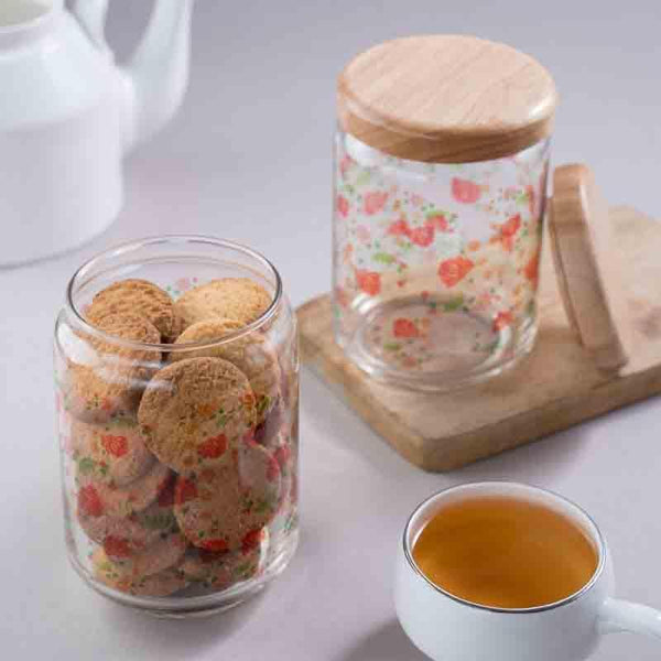 Jar - Floral Bliss White Glass Jars (500ml each) - Set Of Two