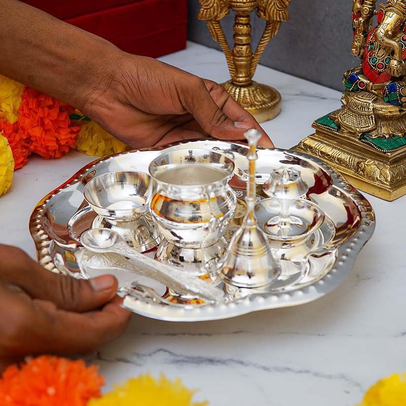 Buy Shubh Pooja Floral Thaali - Silver Pooja Thali & Sets from Vaaree