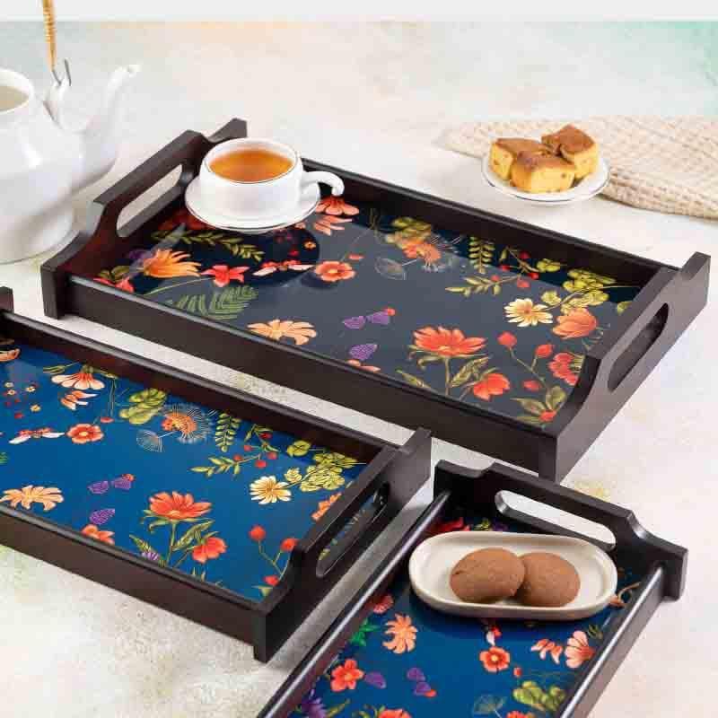 Buy Floral Bliss Blue Wooden Trays Serving Tray from Vaaree