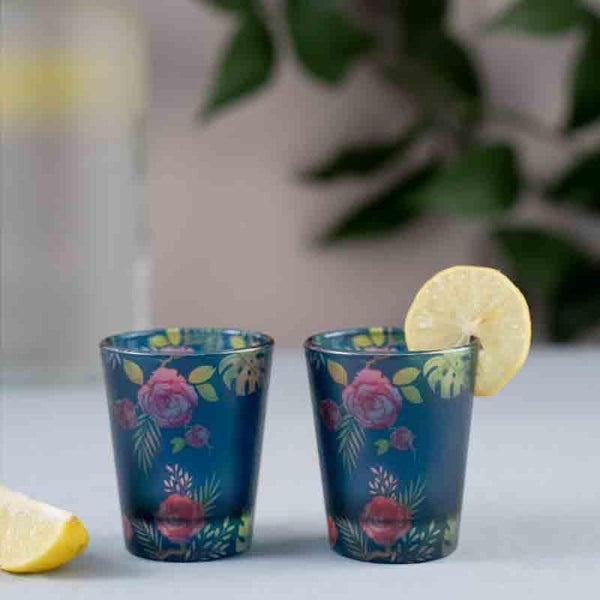 Shot Glass - Misty Morning Roses Blue Frosted Shot Glass (30 ml ) - Set Of Two