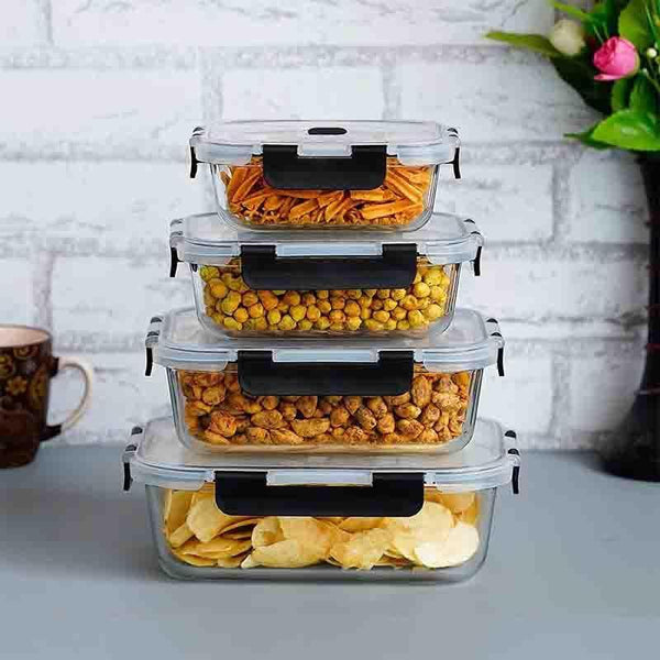 Tiffin Box & Storage Box - Hyaline Square Glass Container - Set Of Four