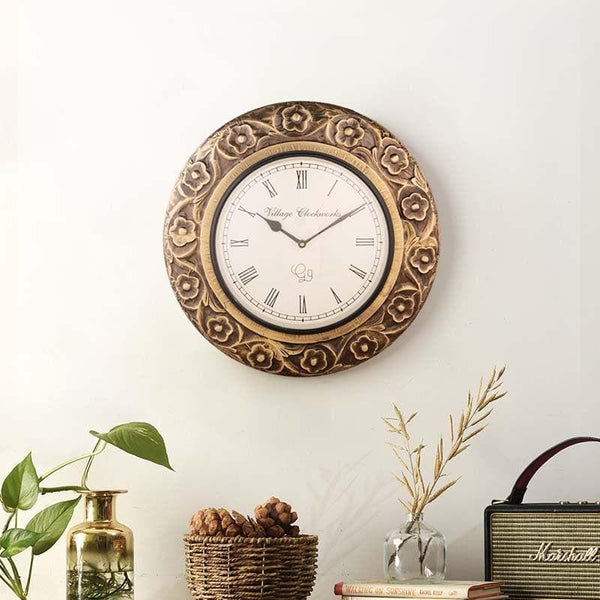 Wall Clock - Carved In Flower Power Clock - Gold